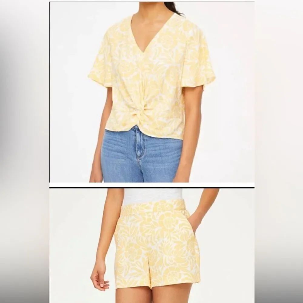 Loft Two Piece Set Floral Twist Front Short Sleeve Tee w/ Pull-on Shorts-yellow